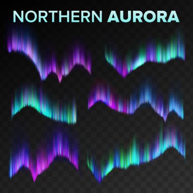 Kuzey Aurora Set vektör. Kutup gökyüzü gece parlak büyülü fenomen. Siyah şeffaf arka plan. Soyut Aurora Borealis Kuzey gizem atmosfer ışıkları. Gerçekçi illüstrasyon