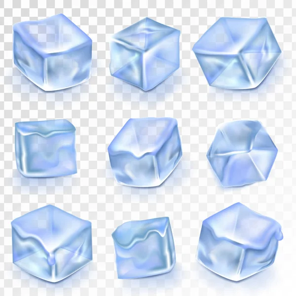 Ice Cubes Isolated Transpatrent Vector. Frost Freeze Design Effect. Clean Cold Crystal. Realistic Blue Ice Water Blocks Icons Set Illustration — Stock Vector