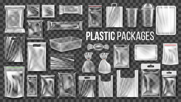 Plastik paketleri şeffaf Set vektör sarın. Boş gıda ürün polietilen paket sahte şablon. Gerçekçi naylon Doy Pack ambalaj tasarım illüstrasyon marka — Stok Vektör