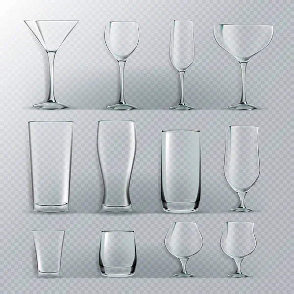 Set de vidrio transparente Vector. Copas vacías transparentes para agua, alcohol, jugo, bebida de cóctel. Ilustración brillante realista — Vector de stock