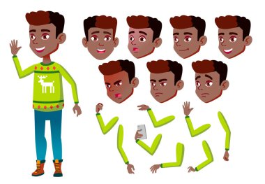 Çocuk, çocuk, çocuk, Genç vektör. Neşeli öğrenci. Siyah. Afro Amerikalı. Duygular, çeşitli hareketler karşısında. Animasyon oluşturma küme. Düz çizgi film karakteri illüstrasyon izole