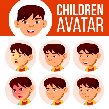 Asyalı çocuk Avatar Set çocuk vektör. İlköğretim Okulu. Yüz duygular. Okul öğrenci. Çocuk, Doğum. Reklam, tebrik. Karikatür Head illüstrasyon