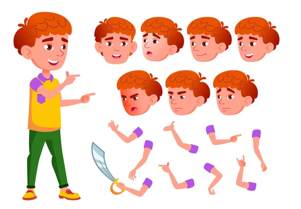 Garçon, Enfant, Enfant, Adolescent vecteur. Souris. Charmant. Bonheur Plaisir. Émotions du visage, gestes divers. Red Head. Animation Création Set. Illustration de personnage de dessin animé plat isolé — Image vectorielle