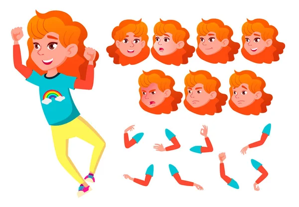 Fille, Enfant, Enfant, Adolescent vecteur. Souris. Charmant. Bonheur Plaisir. Émotions du visage, gestes divers. Red Head. Animation Création Set. Illustration de personnage de dessin animé plat isolé — Image vectorielle