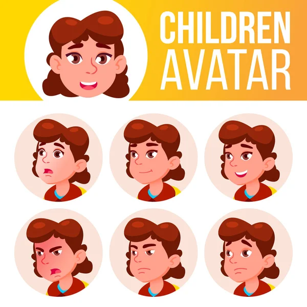 Menina Avatar Set Kid Vector. Escola primária. Emoções faciais. Primária, aluna. Vida, Emocional. Desenhos animados cabeça ilustração —  Vetores de Stock