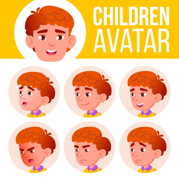 Boy Avatar Set Kid vektor. Základní škola. Tvář emoce. Červená hlava, ikonu. Malé, Juniore. Nenáročné, příteli. Kreslený obrázek hlavy — Stockový vektor