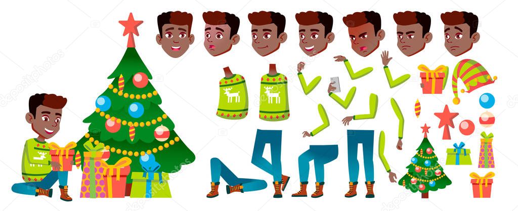 Boy Black, Afro American Vector. Christmas Child. Animation Creation Set. Happy Childhood. New Year Eve. For Web, Brochure, Poster Design. Face Emotions, Gestures. Animated. Illustration