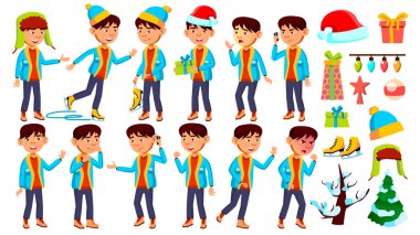 Asyalı çocuk okul çocuğu çocuk Set vektör teşkil etmektedir. Chrastmas, yeni yıl. Gençlik, beyaz. Kartı, reklam, tebrik için tasarım. İllüstrasyon izole karikatür