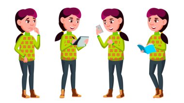 Kız kız öğrenci çocuk Set vektör teşkil etmektedir. Lise çocuk. Çocuk öğrenci. Etkin, neşe, eğlence. Afiş, el ilanı, broşür tasarımı için. İllüstrasyon izole karikatür