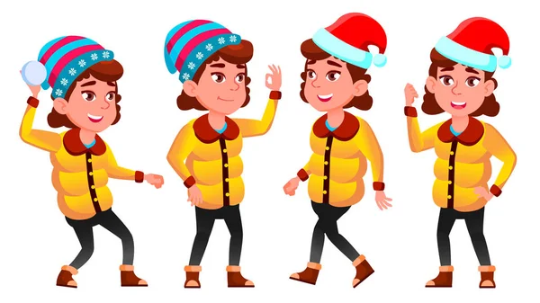 Christmas Girl Poses Set Vector. Winter. Neww Year. For Presentation, Print, Invitation Design. Isolated Cartoon Illustration — Stock Vector