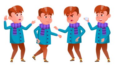 Çocuk Set vektör teşkil etmektedir. Duygular. Kış tatili. Zeki pozitif kişi. Açık Giyim. Afiş, el ilanı, broşür tasarımı için. İllüstrasyon izole karikatür