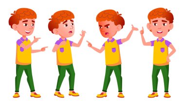 Küçük çocuk Set vektör teşkil etmektedir. İlköğretim Okulu çocuk. Kırmızı kafa. Duygular. Kartpostal, kapak, afiş tasarımı için. İllüstrasyon izole karikatür
