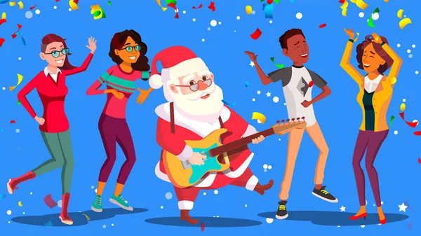 Der Weihnachtsmann tanzt mit einer Gruppe von Menschen und einer Gitarre in der Hand. Spaß im Büro haben. Weihnachtsfeier Plakat Vektor Illustration — Stockvektor