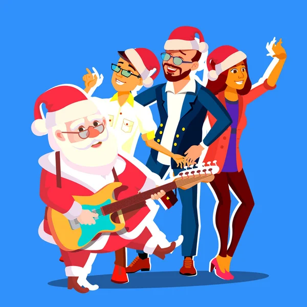 Der Weihnachtsmann tanzt mit einer Gruppe von Menschen und einer Gitarre in der Hand. büro weihnachten party banner vektor illustration — Stockvektor