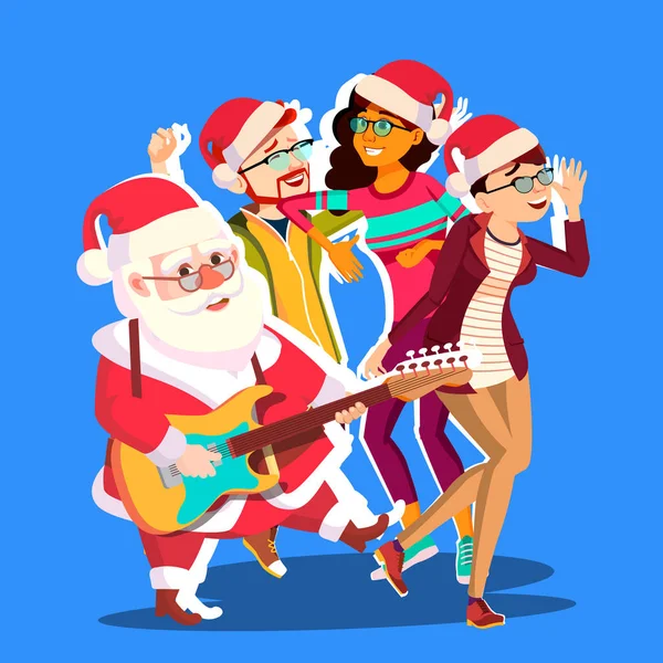 Der Weihnachtsmann tanzt mit einer Gruppe von Menschen und einer Gitarre in der Hand. fröhliche Menschen, die Spaß beim Tanzen haben. Weihnachtsfeier Vektor Illustration — Stockvektor