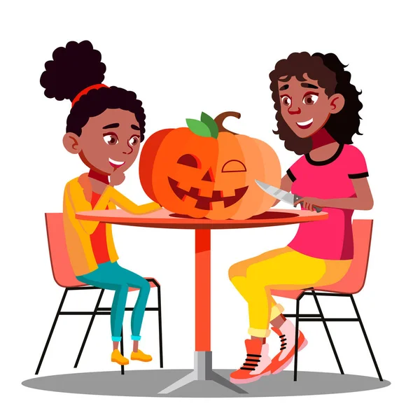 Madre e hija haciendo una calabaza para Halloween Vector. Ilustración aislada de Halloween — Archivo Imágenes Vectoriales