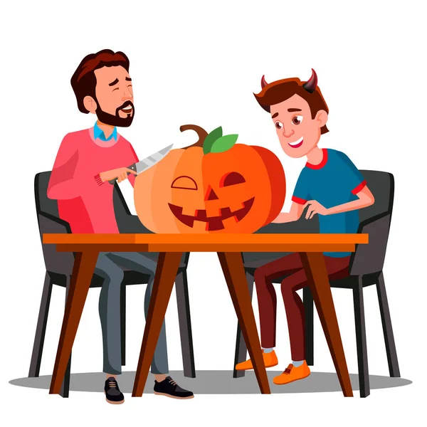 Ojciec i syn, Dokonywanie dyni na Halloween wektor. Ilustracja na białym tle — Wektor stockowy