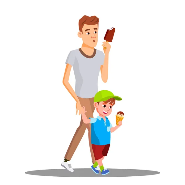 Pai e filho desfrutam de comer sorvete Vector. Ilustração isolada — Vetor de Stock