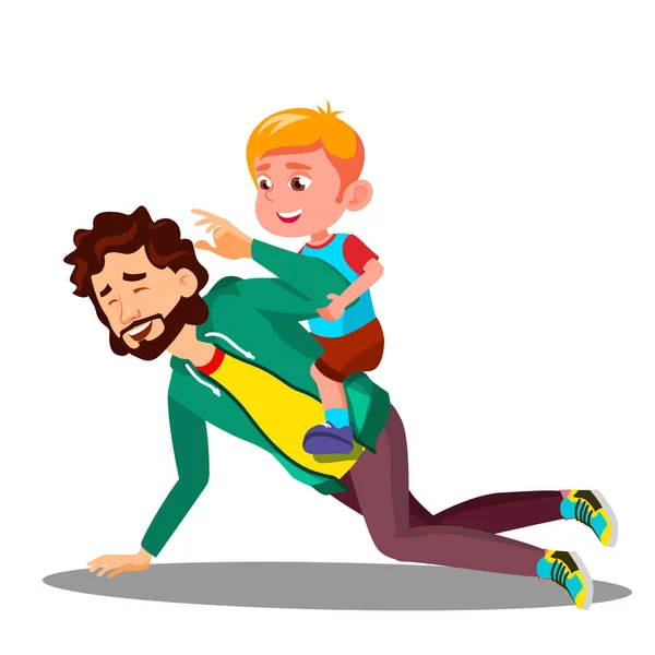 Father Rolling On His Back A Small Son Vector. Isolated Illustration — Stock Vector