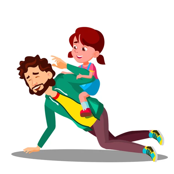 Father Rolling On His Back A Small Daughter Vector. Isolated Illustration — Stock Vector