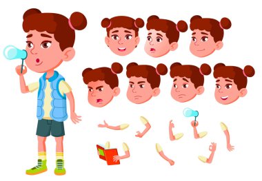 Kız, çocuk, çocuk, Genç vektör. Küçük. Komik. Junior. Dost canlısı. Duygular, çeşitli hareketler karşısında. Animasyon oluşturma küme. Düz çizgi film karakteri illüstrasyon izole
