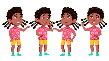 Kız Anaokulu çocuk Set vektör teşkil etmektedir. Siyah. Afro Amerikalı. Etkin, sevinç iskambil oynuyor. Tanıtım, baskı, davetiye tasarım için. İllüstrasyon izole karikatür