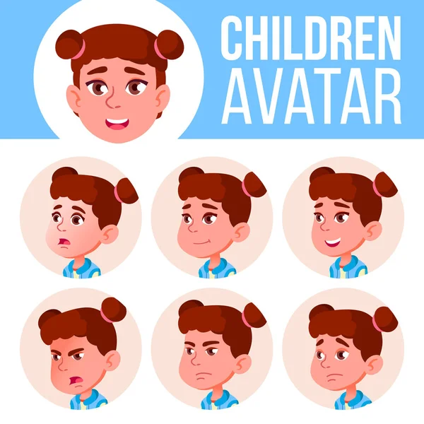 Dívka Avatar Set Kid vektor. Základní škola. Tvář emoce. Děti, mladí lidé. Dětinské, štěstí potěšení. Kreslený obrázek hlavy — Stockový vektor