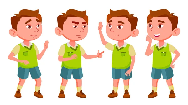 Boy Kindergarten Kid Poses Set Vector. Pré-escolar a jogar. Amizade. Para Web, Cartaz, Desenho de livreto. Ilustração de desenhos animados isolados — Vetor de Stock