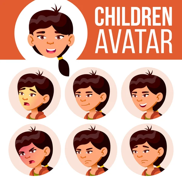 Menina asiática Avatar Set Kid Vector. Escola primária. Emoções faciais. Expressão, Pessoa Positiva. Placard, Apresentação. Desenhos animados cabeça ilustração — Vetor de Stock
