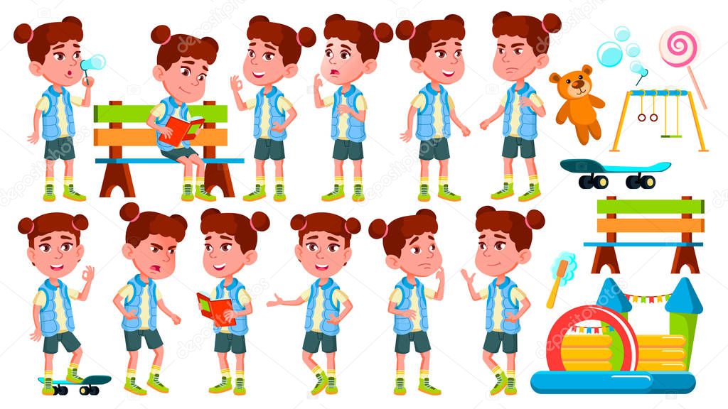 Girl Kindergarten Kid Poses Set Vector. Happy Children Character. Babysitting. For Advertisement, Greeting, Announcement Design. Isolated Cartoon Illustration