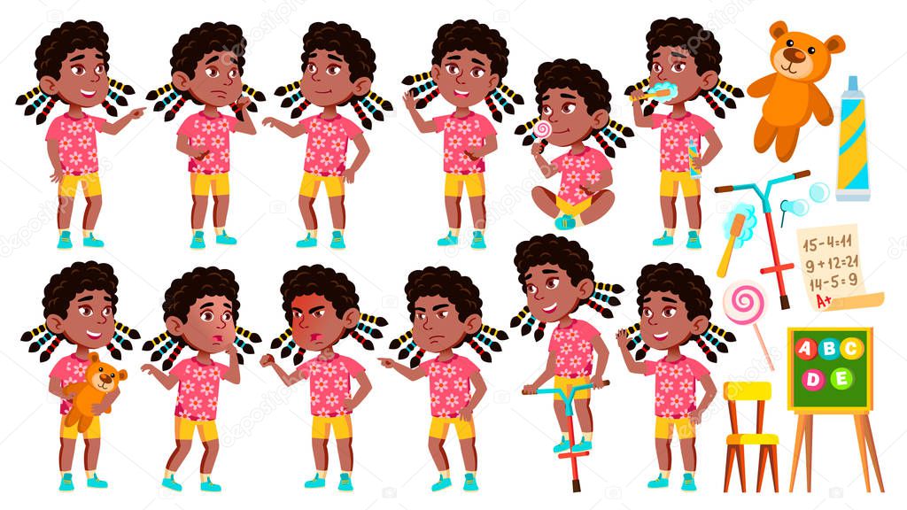 Girl Kindergarten Kid Poses Set Vector. Black. Afro American. Caucasian Child Expression. Activity. For Banner, Flyer, Web Design. Isolated Cartoon Illustration