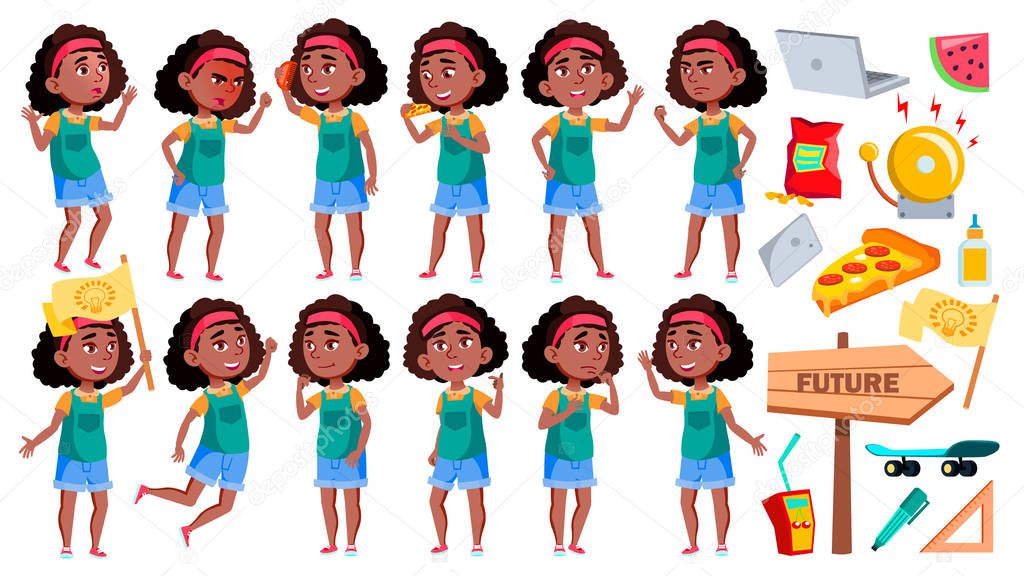 Girl Schoolgirl Poses Set Vector. Black. Afro American Pupil. For Banner, Presentation Design. Isolated Cartoon Illustration