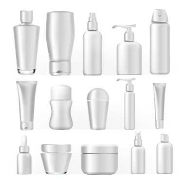 Cosmetic Bottles Set Vector. Empty Plastic White Package For Cosmetic Product. Container, Tube, Bottle, Spray For Cream, Liquid Soup, Shampoo, Lotion Gel Branding Design. Mockup Realistic Illustration