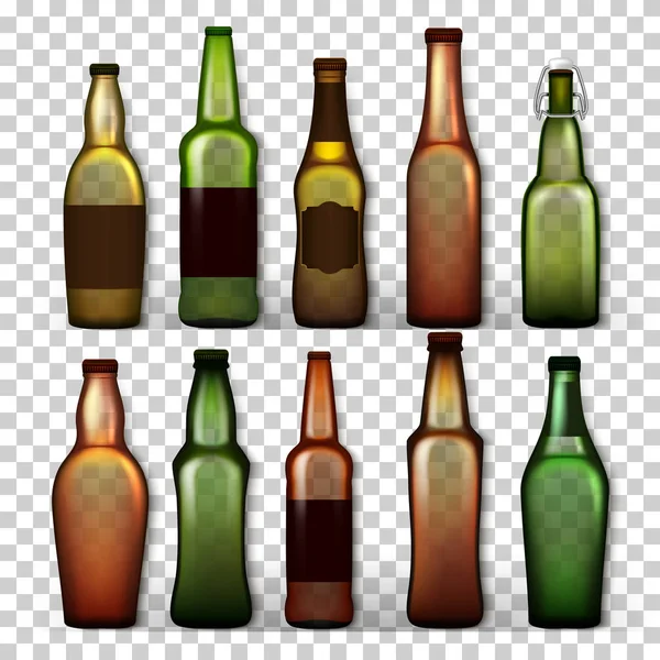 Transparentní pivních lahví sada vektoru. Různé prázdné sklo pro řemesla pivo zelená, žlutá, hnědá. Maketa prázdná šablona pro produktů obalový Design reklama. Izolované realistické ilustrace — Stockový vektor