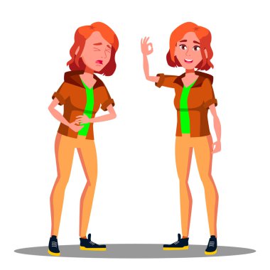 Sağlıksız beslenme vektör mide ağrısı olan kız. İllüstrasyon izole karikatür