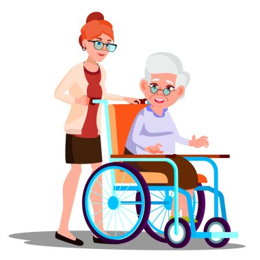 A taşıyan hemşire yaşlı kadın tekerlekli sandalye vektör devre dışı. İllüstrasyon izole karikatür