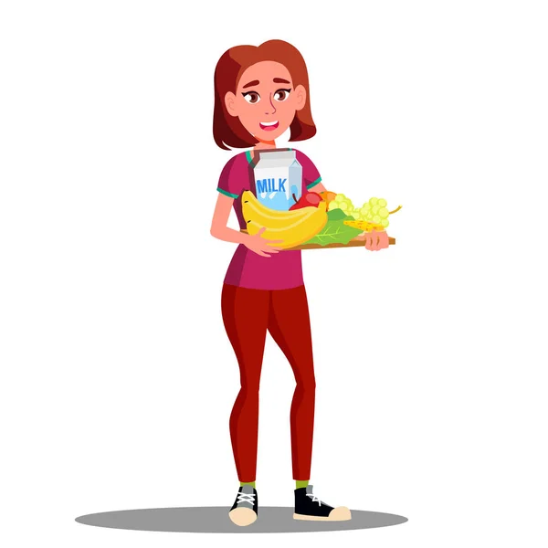 Menina vegetariana feliz com prato de frutas, legumes e vetor de leite. Ilustração de desenhos animados isolados — Vetor de Stock