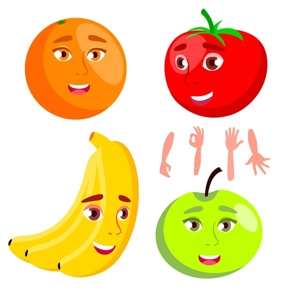 Sorrindo Laranja, Tomate, Maçã, Banana, Conceito de Alimentação Saudável Vetor. Ilustração de desenhos animados isolados — Vetor de Stock