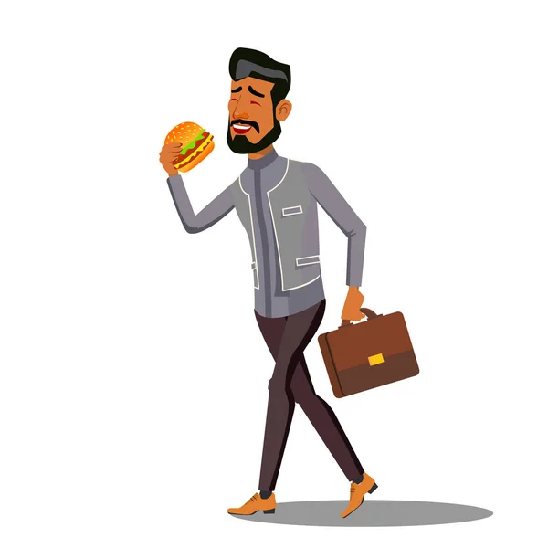 Фаст-фуд, бизнесмен ест гамбургер-вектор. Изолированная карикатура — стоковый вектор