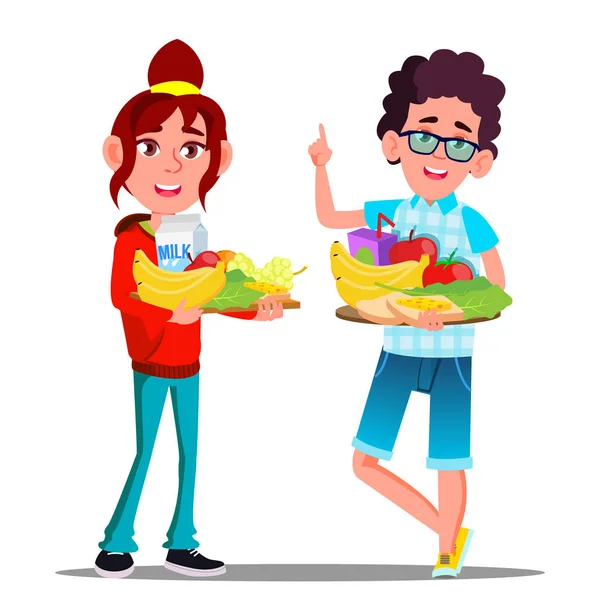 Gesunde ernährung, glückliche junge und mädchen mit fruchtvektor. Isolierte Cartoon-Illustration — Stockvektor