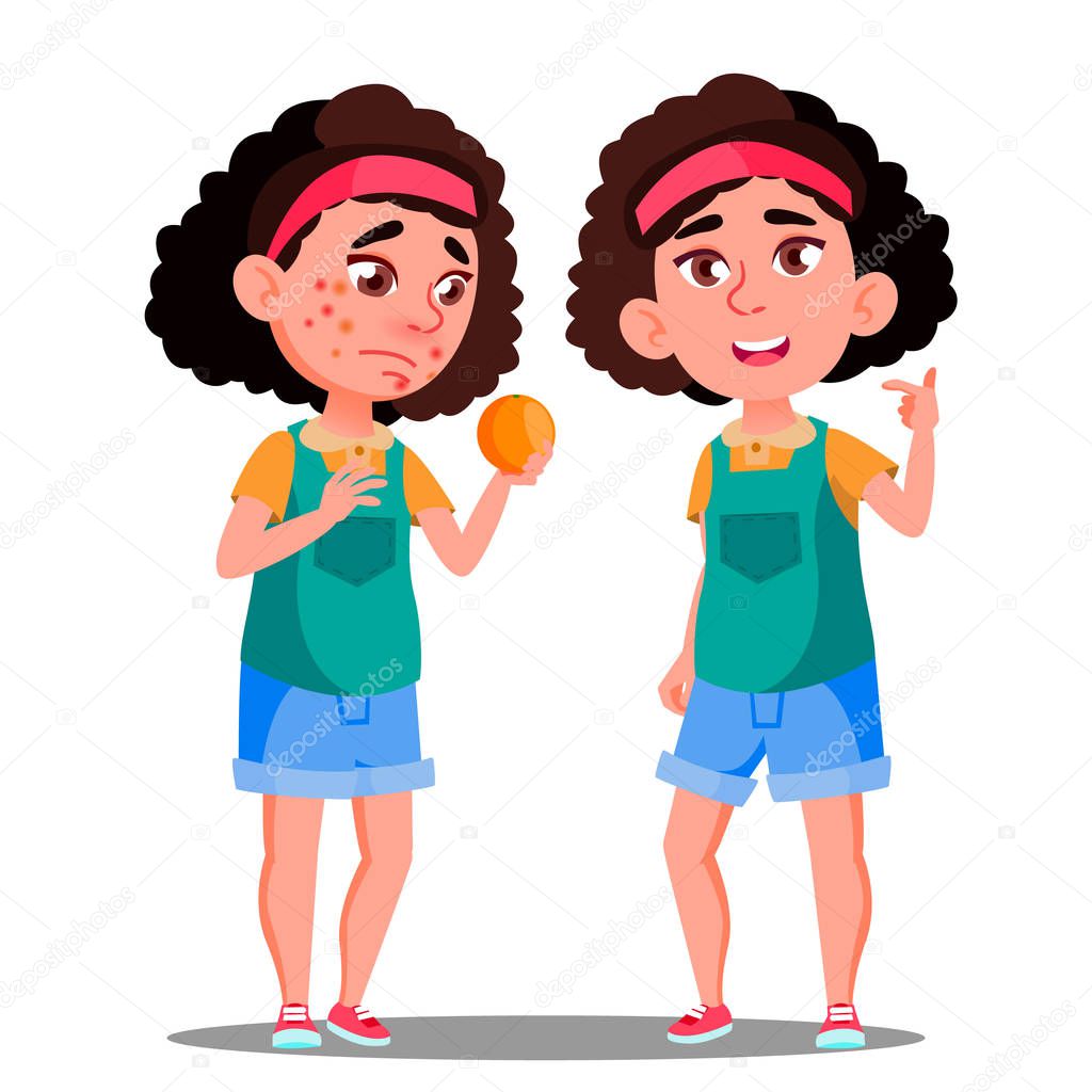 Allergic Reaction, Sad Girl With Red Spots Holding An Orange Vector. Isolated Cartoon Illustration