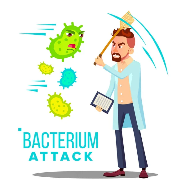 Doktor odbijającej ataku bakterii. Ilustracja kreskówka na białym tle — Wektor stockowy