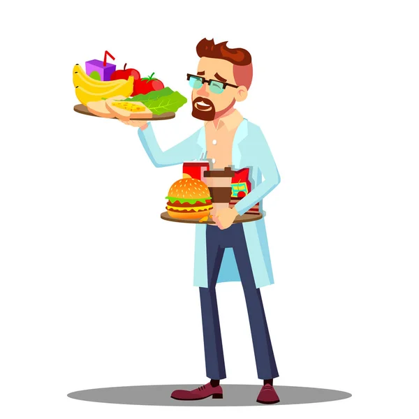 Dietetikus, gyümölcsök és hamburgerek kezében, egészséges és egészségtelen ételek vektor. Elszigetelt rajzfilm illusztráció — Stock Vector