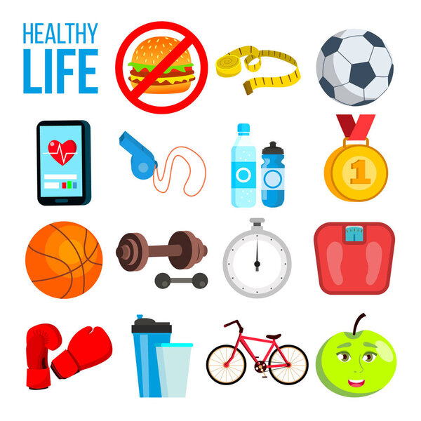 Sports Nutrition Concept. Vitamins, Minerals, Dumbbells, Scales Vector. Isolated Cartoon Illustration