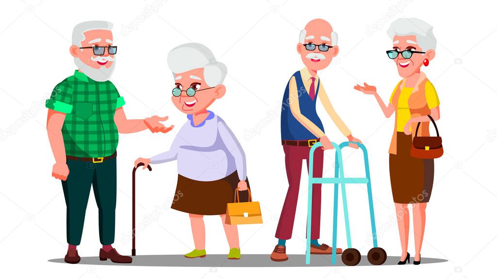 Old People Man, Woman Standing, Walking With Stick Vector. Senior Cartoon Person Set Vector. Isolated Cartoon Illustration