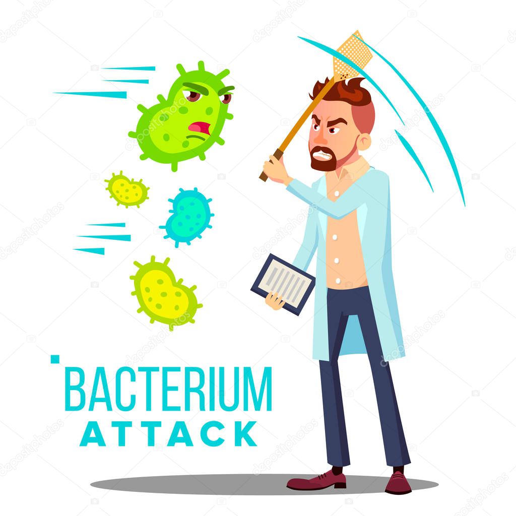 Doctor Reflecting Bacterium Attack Vector. Isolated Cartoon Illustration