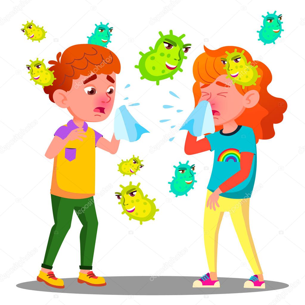 Sneezing Boy And Girl Surrounded By Flying Bacteria Vector. Isolated Cartoon Illustration