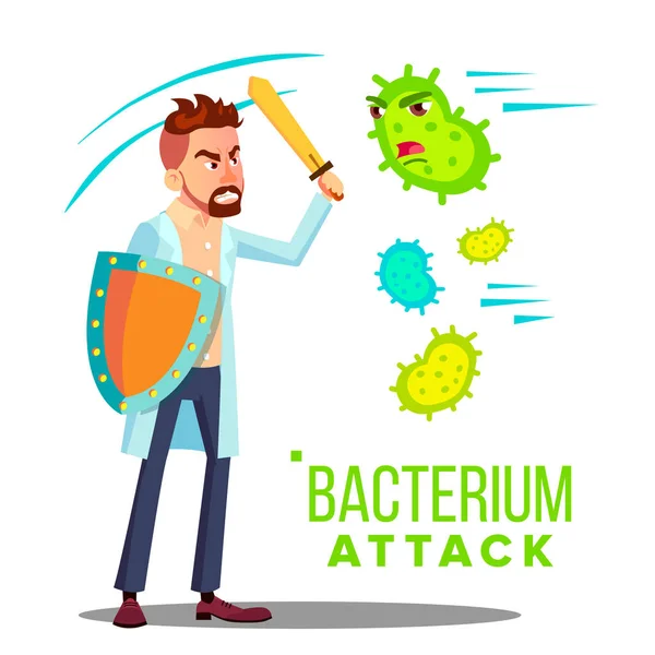 Alergolog odzwierciedlające bakteria ataku. Ilustracja kreskówka na białym tle — Wektor stockowy