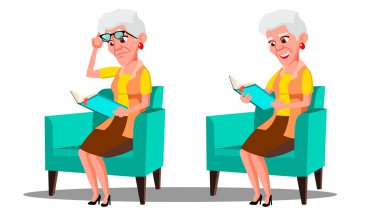 Görme engelli yaşlı kadın kitap vektör okuma. İllüstrasyon izole karikatür
