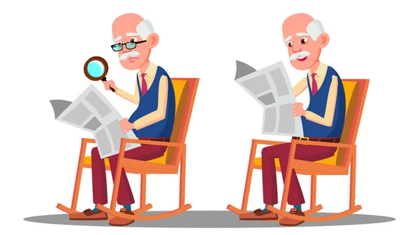 Ein sehbehinderter älterer Mann liest ein Buch durch eine Lupe. Isolierte Cartoon-Illustration — Stockvektor